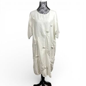 Lagenlook Ivory Linen Ruched Rose Minimalist Maxi Dress Medium Resortwear Brunch